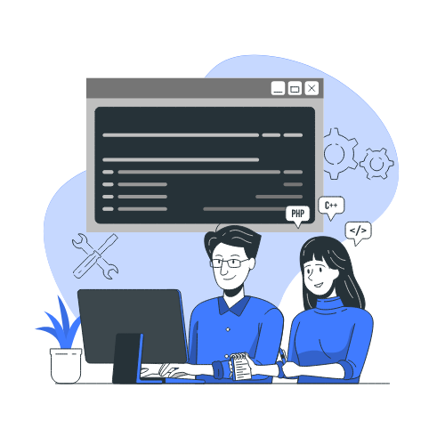 illustration de deux developpeurs web devant un ecran de pc